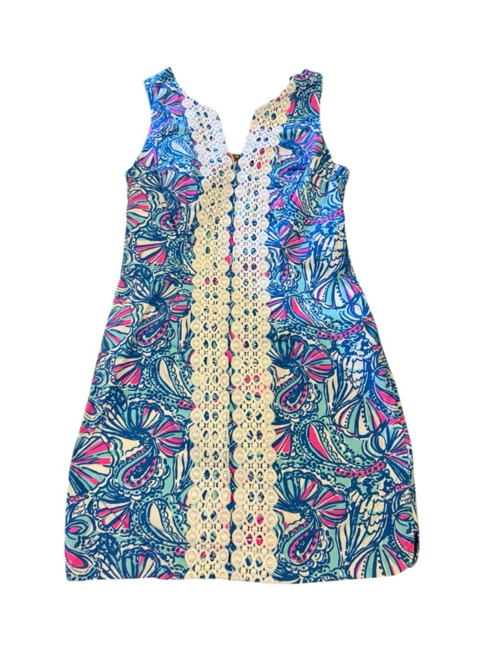Lilly Pulitzer Sleeveless Paisley Print Shift Dress with Crochet Trim -Blue Pink